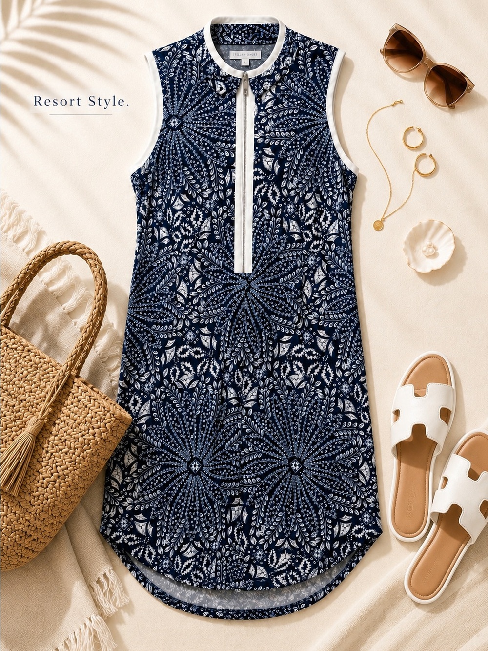 Stella + Ginger Navy Coastal Boho Zip Shift Dress Sleeveless Resort Vacation